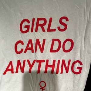 Graphic White Soft Flowy T-Shirt — Feminist “girls can do anything” message